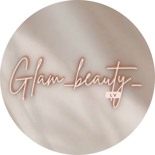 Logo de la marque Glam Beauty LV, fond beige rosé avec texte manuscrit
