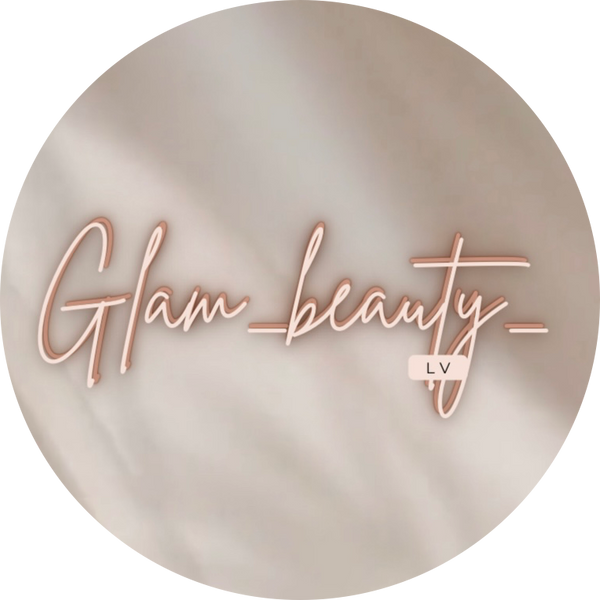 Logo de la marque Glam Beauty LV, fond beige rosé avec texte manuscrit
